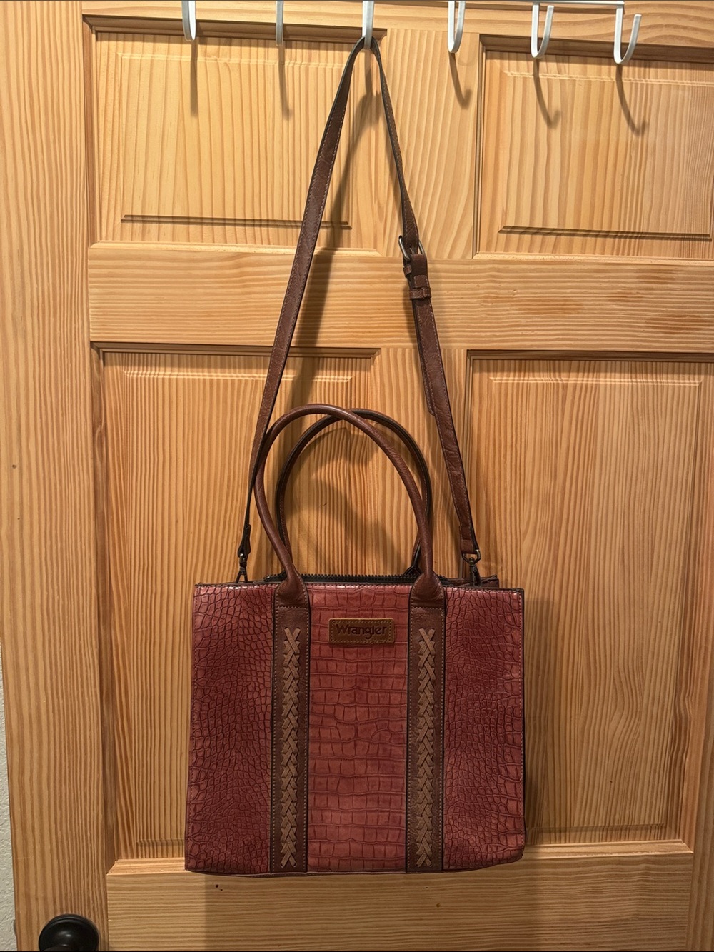 Wrangler Brown Croc-Texture Shoulder Tote with Brown Trim